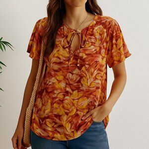 Torrid Womens 1X Floral Peasant Top Tie Neck Boho Blouse Short Sleeve Flowy